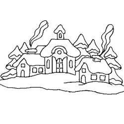 Dibujo de Pueblo de Navidad con tres casitas nevadas para colorear
