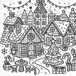 Dibujo de Pueblo navideño con torre de reloj y bastones para colorear