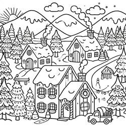 Dibujo de Pueblo de Navidad con casas nevadas y pinos para colorear
