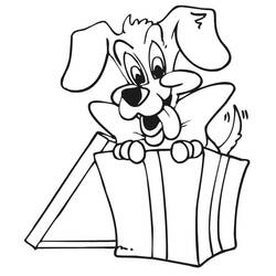 Dibujo de Perro saliendo de una caja de regalo para colorear