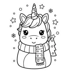 Dibujo de Unicornio de Navidad con bufanda a rayas para colorear