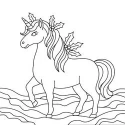 Dibujo de Unicornio de Navidad caminando con hojas de acebo en su melena para colorear