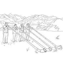 Dibujo de Intérpretes de cuerno de los Alpes en la montaña para colorear Dibujo de Intérpretes de cuerno de los Alpes en la montaña para colorear