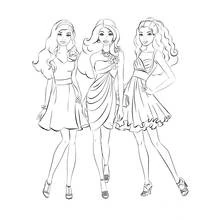 Dibujo de Barbie y sus dos amigas con vestidos elegantes para colorear