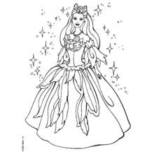 Dibujo de Barbie con vestido de pétalos rodeada de destellos para colorear