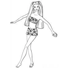 Dibujo de Barbie con traje de baño floral en la playa para colorear