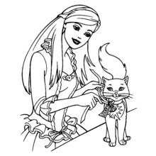 Dibujo de Barbie poniéndole el collar a su gato para colorear
