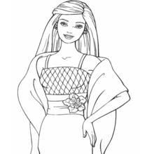 Dibujo de Barbie posando con un vestido elegante y una flor en la cintura para colorear
