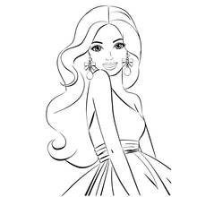 Dibujo de Barbie con cabello ondulado y pendientes de lazo para colorear