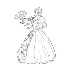 Dibujo de Barbie princesa con abanico en el baile para colorear