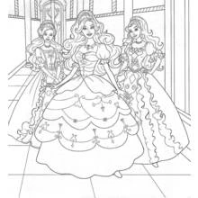 Dibujo de Barbie y dos princesas en un pasillo de palacio para colorear