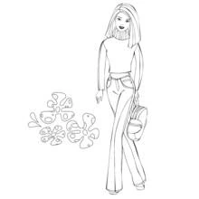 Dibujo de Barbie con jeans y cuello alto junto a flores decorativas para colorear