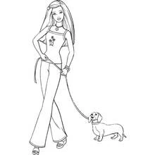 Dibujo de Barbie paseando a su perro salchicha para colorear