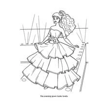 Dibujo de Barbie con vestido de noche de volantes para colorear
