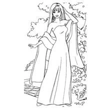 Dibujo de Barbie con vestido largo en el jardín para colorear
