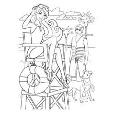 Dibujo de Barbie como salvavidas en la playa con Ken para colorear