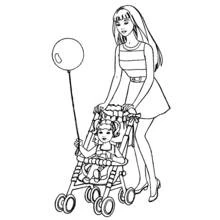 Dibujo de Barbie paseando a Kelly en cochecito para colorear