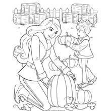 Dibujo de Barbie recogiendo calabazas con una niña para colorear