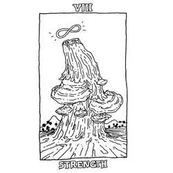 Dibujo de Carta de Tarot La Fuerza con tronco de árbol y símbolo infinito para colorear