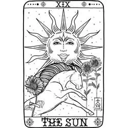 Dibujo de Carta de Tarot El Sol con caballo y girasoles para colorear
