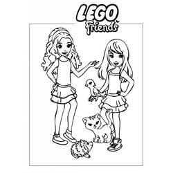 Dibujo de Lego Friends chicas con un pájaro, un gato y un erizo para colorear