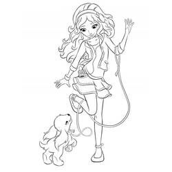 Dibujo de Olivia saludando con su perro atado a una correa para colorear
