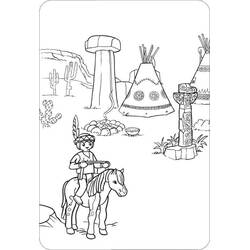 Dibujo de Playmobil jinete indio junto a un campamento de tipis para colorear