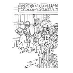 Dibujo de Playmobil jinetes frente a Fort Brave para colorear