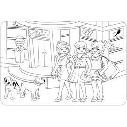 Dibujo de Playmobil tres amigas de compras con sus perros para colorear