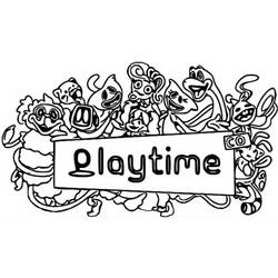 Dibujo de Poppy Playtime personajes agrupados con pancarta para colorear