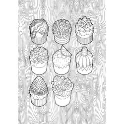 Dibujo de Ocho cupcakes decorados sobre fondo de madera para colorear