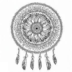 Dibujo de Mandala atrapasueños con plumas colgantes para colorear