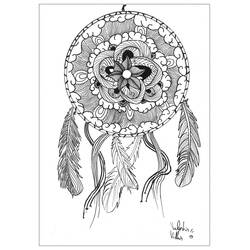 Dibujo de Mandala atrapasueños con plumas colgantes para colorear