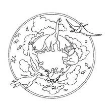 Dibujo de Mandala con dinosaurios y nubes para colorear Dibujo de Mandala con dinosaurios y nubes para colorear
