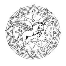 Dibujo de Mandala de caballo alado en un cielo estrellado para colorear Dibujo de Mandala de caballo alado en un cielo estrellado para colorear