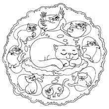 Dibujo de Mandala de un gato dormido rodeado de gatitos para colorear Dibujo de Mandala de un gato dormido rodeado de gatitos para colorear
