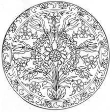 Dibujo de Mandala floral con tulipanes y borde de lunas para colorear Dibujo de Mandala floral con tulipanes y borde de lunas para colorear