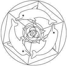 Dibujo de Mandala de animales con cuatro delfines saltando para colorear Dibujo de Mandala de animales con cuatro delfines saltando para colorear