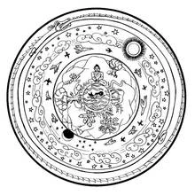 Dibujo de Mandala de animales con figura meditando y sol para colorear Dibujo de Mandala de animales con figura meditando y sol para colorear