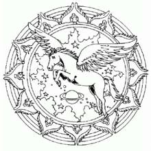 Dibujo de Caballo alado en un mandala estrellado para colorear Dibujo de Caballo alado en un mandala estrellado para colorear