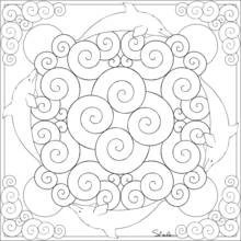 Dibujo de Mandala con cuatro delfines entre olas en espiral para colorear Dibujo de Mandala con cuatro delfines entre olas en espiral para colorear