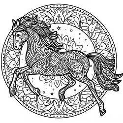 Dibujo de Mandala de caballo galopando en un círculo floral para colorear Dibujo de Mandala de caballo galopando en un círculo floral para colorear