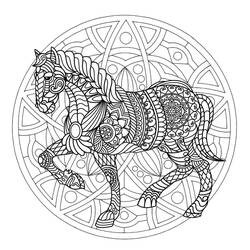 Dibujo de Mandala de caballo caminando dentro de un círculo decorado para colorear Dibujo de Mandala de caballo caminando dentro de un círculo decorado para colorear
