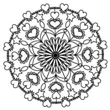 Dibujo de Mandala de Corazón con flor central y estrellas para colorear