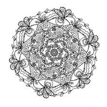 Dibujo de Mandala de flores con espirales y rostros para colorear