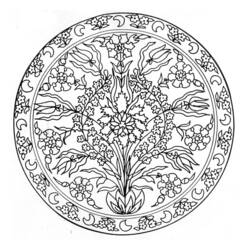 Dibujo de Mandala de flores con ramo central y borde de lunas para colorear