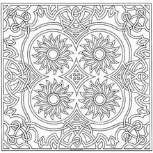 Dibujo de Mandala de flores con cuatro soles y nudos celtas para colorear