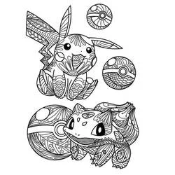 Dibujo de Pikachu y Bulbasaur en mandala con Poké Balls para colorear