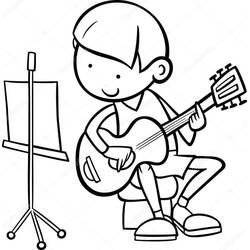 Dibujo de Niño tocando la guitarra sentado en un taburete para colorear