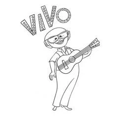 Dibujo de Andrés tocando la guitarra bajo la palabra Vivo para colorear